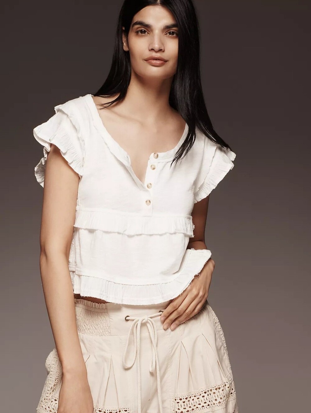 Pilcro Anthropologie Ruffle-Trim Henley Baby Tee Short Sleeve White Womens XL